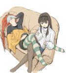  2girls akemi_homura alternate_costume bangs black_bow black_eyes black_hair black_legwear blanket blanket_over_midsection book book_on_head bow casual couch covered_face cushion from_above hair_bow hairband hand_behind_head holding holding_book legs_on_another&#039;s_lap long_hair long_sleeves lying mahou_shoujo_madoka_magica miniskirt multiple_girls navel object_on_head pantyhose payot reading redhead ribbed_sweater sakura_kyouko simple_background sitting skirt sleeping sleeves_past_wrists socks striped striped_legwear sweater uruo very_long_hair white_background 