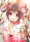  1girl bow braid brown_hair floral_print flower hair_bow hair_flower hair_ornament happy_new_year japanese_clothes kimono long_sleeves looking_at_viewer open_mouth original pink_eyes praying sakuro smile solo translated twin_braids wide_sleeves 