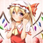  1girl blue_hair blush bow flandre_scarlet hat hat_bow kuroganeruto red_eyes side_ponytail solo touhou wings 