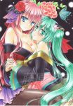  2girls acrylic_(medium) blue_hair breasts cleavage fujiwara_minaho green_eyes green_hair hatsune_miku long_hair magnet_(vocaloid) marker_(medium) megurine_luka multiple_girls pantyhose pink_hair project_diva project_diva_2nd smile traditional_media twintails very_long_hair vocaloid 