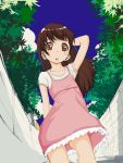  1girl arm_behind_head arm_up brown_eyes brown_hair dress higashi_tarou long_hair original outdoors pink_dress solo wind_lift 