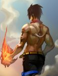  1boy black_hair fire from_behind hand_on_hip jewelry jolly_roger male necklace one_piece ping_(caoyanping198793) portgas_d_ace shirtless short_hair solo tattoo whitebeard_pirates 