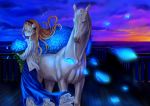  1girl blonde_hair blue_rose bouquet closed_eyes clouds dress flower glowing hairband horse long_hair original petals rose ryuushiro sky sunset 