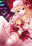 1girl ascot blonde_hair candy flandre_scarlet hat hat_ribbon laevatein licking lollipop looking_at_viewer mob_cap nunucco petals pink_legwear puffy_sleeves red_eyes revision ribbon shirt short_sleeves side_ponytail sitting skirt skirt_set solo thighhighs tongue tongue_out touhou white_legwear wings wrist_cuffs zettai_ryouiki 