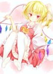 1girl ascot blonde_hair collarbone dress flandre_scarlet frills hand_behind_head looking_at_viewer lying no_hat no_shoes ookamisama panties pantyshot pantyshot_(lying) parted_lips puffy_short_sleeves puffy_sleeves reclining red_eyes short_hair short_sleeves side_ponytail solo thigh-highs touhou two-tone_background underwear white_panties wing_hold wings 
