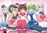  5girls apron ascot black_dress blonde_hair blue_dress blush bow brown_eyes brown_hair commentary dress frog_hair_ornament green_hair hair_bow hair_ornament hair_ribbon hair_tubes hakurei_reimu hammer_(sunset_beach) hat izayoi_sakuya kirisame_marisa kochiya_sanae konpaku_youmu long_hair long_sleeves looking_at_viewer maid maid_headdress multiple_girls open_mouth pillow pillow_hug puffy_sleeves red_dress revision ribbon shirt short_sleeves shy silver_hair sitting skirt skirt_set touhou vest waist_apron wavy_mouth wide_sleeves witch_hat yellow_eyes yes-no_pillow 