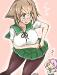  2girls alternate_costume aoba_(kantai_collection) black_legwear blue_eyes blush breasts brown_hair green_eyes highres kantai_collection multiple_girls mutsu_(kantai_collection) mutsuki_(kantai_collection) mutsuki_(kantai_collection)_(cosplay) open_mouth pantyhose personification pink_hair ponytail ryukz salute school_uniform serafuku short_hair skirt smile sweatdrop 