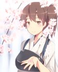  1girl blush breasts brown_eyes brown_hair cherry_blossoms japanese_clothes kaga_(kantai_collection) kantai_collection muneate personification short_hair shuuichi side_ponytail smile solo 