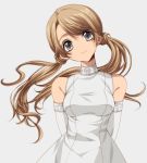  1girl bare_shoulders breasts brown_hair dress elbow_gloves gloves grey_background grey_eyes head_tilt long_hair looking_at_viewer misteor original simple_background smile solo twintails very_long_hair white_dress 