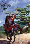  1girl archery arrow artist_name black_hair blue_eyes bow bow_(weapon) clouds dated hair_bow hakama hako_(mypixid) highres horse horseback_riding japanese_clothes long_hair original sky solo tree water weapon 