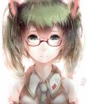  1girl bare_shoulders bespectacled detached_sleeves glasses green_eyes green_hair hadean92 hatsune_miku headset necktie semi-rimless_glasses smile solo twintails vocaloid 
