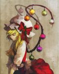  1girl arlmuffin blonde_hair christmas_lights dress flandre_scarlet hat long_hair looking_away necktie red_eyes solo touhou v_arms wings 