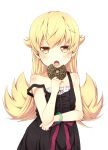  1girl blonde_hair blush bracelet doughnut eating jewelry kouji_(campus_life) long_hair looking_at_viewer monogatari_(series) open_mouth oshino_shinobu simple_background solo strap_slip white_background yellow_eyes 