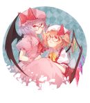  2girls bat_wings bespectacled blonde_hair dress fang flandre_scarlet glasses hat highres multiple_girls open_mouth purple_hair red-framed_glasses red_eyes remilia_scarlet shuzi siblings side_ponytail sisters touhou wings wrist_cuffs 