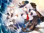 2girls black_legwear blue_eyes cannon dual_persona gengetsu_chihiro hammer_and_sickle hat hibiki_(kantai_collection) highres ice kantai_collection long_hair multiple_girls open_mouth personification pleated_skirt reflection school_uniform serafuku silver_hair skirt smile star thighhighs turret velt verniy_(kantai_collection) white_hair 