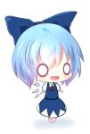  1girl akisha blue_dress blue_hair bow cirno dress fang hair_bow ice ice_wings o_o open_mouth puffy_sleeves shirt short_sleeves simple_background smile solo touhou white_background wings 