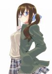  1girl blue_eyes breasts brown_hair glasses hands_in_pockets hujikok long_hair looking_at_viewer original semi-rimless_glasses simple_background skirt solo under-rim_glasses white_background 