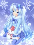  1girl blue_eyes blue_hair earmuffs hatsune_miku headset highres long_hair mittens scarf sitting skirt smile snowflakes snowman solo thighhighs tsuboyarou twintails very_long_hair vocaloid wariza yuki_miku 