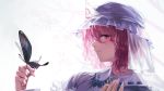  1girl backlighting blue_dress blush bust butterfly butterfly_on_hand dress face geppewi hands hat light_smile looking_at_viewer pink_eyes pink_hair profile revision saigyouji_yuyuko short_hair smile solo touhou triangular_headpiece veil 