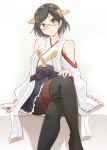  1girl arm_support black_hair black_legwear crossed_legs e20 frilled_skirt frills glasses hairband hand_on_knee kantai_collection kirishima_(kantai_collection) light_smile pantyhose ribbon-trimmed_sleeves ribbon_trim short_hair sitting skirt solo thighhighs 