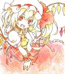  1girl ascot blonde_hair colored_pencil_(medium) dress fang flandre_scarlet hat hat_ribbon looking_at_viewer marker_(medium) mob_cap open_mouth puffy_sleeves red_dress red_eyes ribbon shirt short_sleeves side_ponytail slit_pupils smile solo touhou toutenkou traditional_media wings wrist_cuffs 