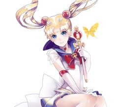  1girl bishoujo_senshi_sailor_moon blonde_hair blue_eyes bow brooch choker crescent double_bun elbow_gloves facial_mark forehead_mark gloves highres jewelry kerogi_haku long_hair magical_girl ribbon sailor_collar sailor_moon skirt smile solo spiral_heart_moon_rod super_sailor_moon tsukino_usagi twintails wand white_background white_gloves 