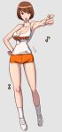  1girl breasts brown_eyes brown_hair cleavage employee_uniform eroquis grey_background hand_on_hip hooters large_breasts pointing pointing_forward shoes short_hair short_shorts shorts sneakers socks solo tank_top uniform waitress 