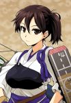  1girl arrow blush breasts brown_eyes brown_hair hakama_skirt japanese_clothes kaga_(kantai_collection) kantai_collection muneate personification portrait quiver short_hair side_ponytail skirt solo yamaguchi_homupe 