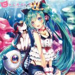  1girl :3 aqua_hair bell bell_collar belt blue_eyes cat cat_tail collar crown fish gloves hatsune_miku headphones jingle_bell long_hair open_mouth sazanami_shione solo tail twintails very_long_hair vocaloid 