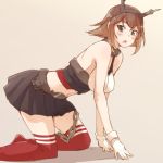  1girl all_fours blush breasts brown_hair chain e20 gloves hairband kantai_collection midriff mutsu_(kantai_collection) navel no_shoes open_mouth red_legwear short_hair skirt solo thighhighs white_gloves 