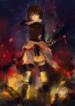  1girl black_hair boots character_request cus-tom fire katana short_hair smoke solo sword torn_clothes weapon yellow_eyes 