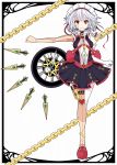  1girl akiposo2580 alternate_costume chain clock doll_joints elaborate_frame frame heart ideolo_(style) izayoi_sakuya knife looking_at_viewer maid maid_headdress open_vest outstretched_arm red_eyes revision shirt silver_hair single_thighhigh skirt solo thigh-highs touhou 