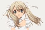 1girl :d blonde_hair breasts dress fangs gloves grey_background grey_eyes head_tilt long_hair looking_at_viewer misteor open_mouth original simple_background smile solo twintails very_long_hair white_dress 