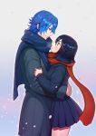  1boy 1girl black_hair blue_eyes blue_hair coat couple eye_contact height_difference hug kill_la_kill looking_at_another matoi_ryuuko mikisugi_aikurou mingou91 multicolored_hair redhead scarf short_hair skirt streaked_hair two-tone_hair winter 