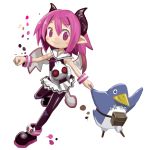  1girl blush_stickers clenched_hand disgaea fang holding_hands horns makai_senki_disgaea_3 pink_eyes pink_hair poponaref prinny raspberyl skirt smile tail wristband 