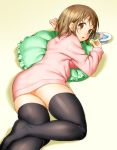  1girl black_legwear blush brown_eyes brown_hair idolmaster idolmaster_cinderella_girls looking_at_viewer mimura_kanako onsoku_maru pillow short_hair solo sweater thighhighs 