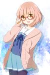  1girl cardigan glasses highres kuriyama_mirai kyoukai_no_kanata pantyhose pink_hair red-framed_glasses sayuringo school_uniform serafuku short_hair yellow_eyes 