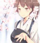  1girl armor brown_eyes brown_hair cherry_blossoms japanese_clothes kaga_(kantai_collection) kantai_collection looking_at_viewer muneate personification petals ponytail shuuichi side_ponytail smile solo 