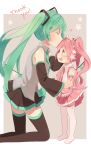  2girls boots closed_eyes detached_sleeves forehead_kiss green_hair hatsune_miku highres hitsukuya kiss kneeling long_hair multiple_girls necktie open_mouth pink_eyes pink_hair sakura_miku skirt thigh_boots thighhighs twintails vocaloid young 