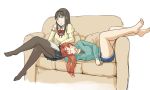  2girls akemi_homura arm_around_waist bangs barefoot black_bow black_eyes black_hair book_on_lap bow chin_rest closed_eyes couch crossed_legs_(sitting) cushion cutoff_jeans cutoffs feet hair_bow hairband hoodie juliet_sleeves legs long_hair long_sleeves lying mahou_shoujo_madoka_magica multiple_girls no_shoes open_mouth pantyhose payot plaid plaid_skirt pleated_skirt puffy_sleeves reading red_bow redhead sakura_kyouko school_uniform simple_background sitting skirt sleeping thigh_pillow uruo white_background 