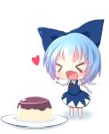  &gt;_&lt; 1girl akisha blue_dress blue_hair bow cirno closed_eyes dress fang hair_bow heart ice ice_wings open_mouth plate pudding puffy_sleeves shirt short_sleeves simple_background smile solo spoon touhou white_background wings 
