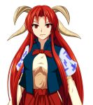  1girl breasts expressionless hakama horns japanese_clothes long_hair looking_at_viewer mushi4622 open_clothes open_jacket red_eyes redhead shingyoku short_sleeves simple_background solo touhou touhou_(pc-98) white_background 