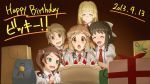  2013 5girls andou_kuriyo birthday birthday_cake birthday_party box cake candle cream dark_background food fruit gift gift_bag gift_box happy_birthday highres itaba_yumi kohinata_miku multiple_girls open_mouth senki_zesshou_symphogear smile strawberry tachibana_hibiki_(symphogear) terashima_shiori unyon whipped_cream 