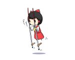  1girl ascot black_hair bow chibi comic detached_sleeves flying hair_bow hair_tubes hakurei_reimu long_sleeves potaaju shirt simple_background skirt skirt_set solo stilts touhou translation_request white_background wide_sleeves you&#039;re_doing_it_wrong 