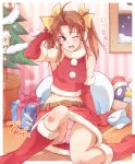  1girl ahoge bare_shoulders belt boots bow box brown_hair christmas christmas_tree e20 elbow_gloves gift gift_box gloves hair_bow hair_ribbon kagerou_(kantai_collection) kantai_collection knee_boots midriff open_mouth panties pantyshot plant potted_plant red_boots red_gloves ribbon santa_costume skirt solo tears twintails underwear upskirt violet_eyes wavy_mouth wink 