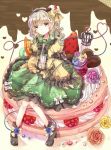  1girl :o blush boots chocolate chocolate_heart cookie cream eyeball floral_print flower food food_as_clothes fruit green_eyes green_hair hairband heart heart_of_string jaku_sono kiwifruit komeiji_koishi long_hair open_mouth raspberry ribbon silver_hair sitting skirt solo strawberry third_eye touhou 