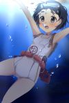  1girl akabuchi_glasses black_eyes black_hair bubble choker goggles goggles_on_head highres kantai_collection maru-yu_(kantai_collection) open_mouth personification school_swimsuit short_hair solo sunlight swimsuit underwater white_school_swimsuit white_swimsuit 