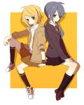  2girls blonde_hair blue_eyes blue_hair hair_ornament hairclip hatsune_miku kagamine_rin kneehighs long_hair multiple_girls necktie short_hair sitting skirt twintails vocaloid yoshiki 