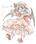  1girl ascot azuki-taste bat_wings bloomers blue_hair calligraphy_pen_(medium) dress fang hat hat_ribbon highres marker_(medium) mob_cap open_mouth pink_dress puffy_sleeves red_eyes remilia_scarlet ribbon short_sleeves smile solo star touhou traditional_media translated underwear uu~ wings 