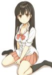  1girl between_legs black_background black_hair blouse bowtie breasts cleavage hand_between_legs hime_cut ichi_hachi_rei_rei long_hair looking_at_viewer original payot pleated_skirt red_eyes school_uniform sitting skirt socks solo uniform wariza white_background 